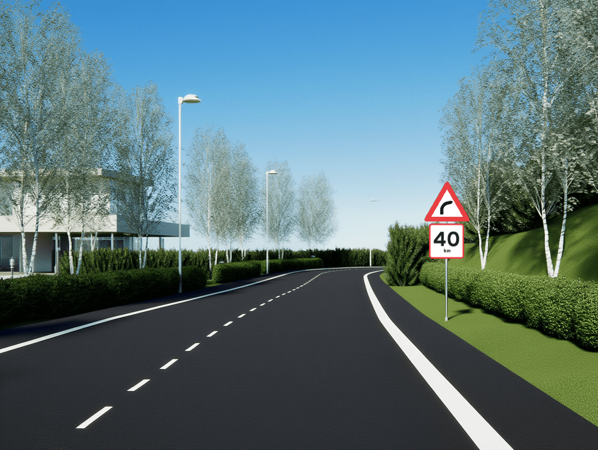 Trafiksituation: Du kører på en landevej og ser en færdselstavle, der advarer om et farligt vejs…