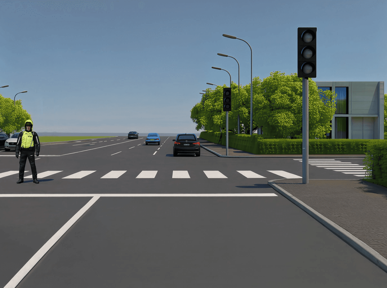 Trafiksituation: Du kører meget langsomt og vil gerne svinge til højre i dette kryds. Lyssignale…