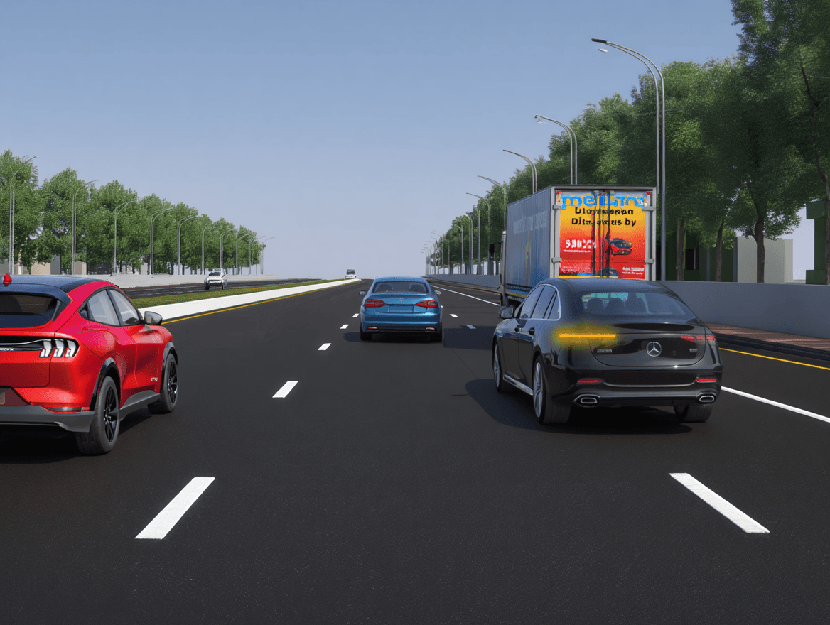 Trafiksituation: Du kører ca. 110 km/t på motorvejen. Den sorte bil skifter fra højre vognbane i…