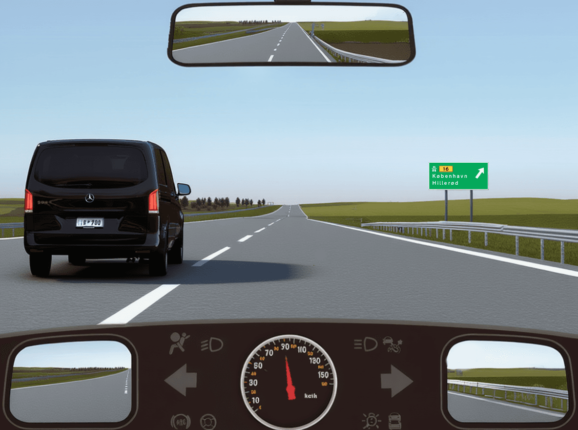 Trafiksituation: Du kører 110 km/t på motorvejen. Bilen på din venstre side kører omkring ca. 90…