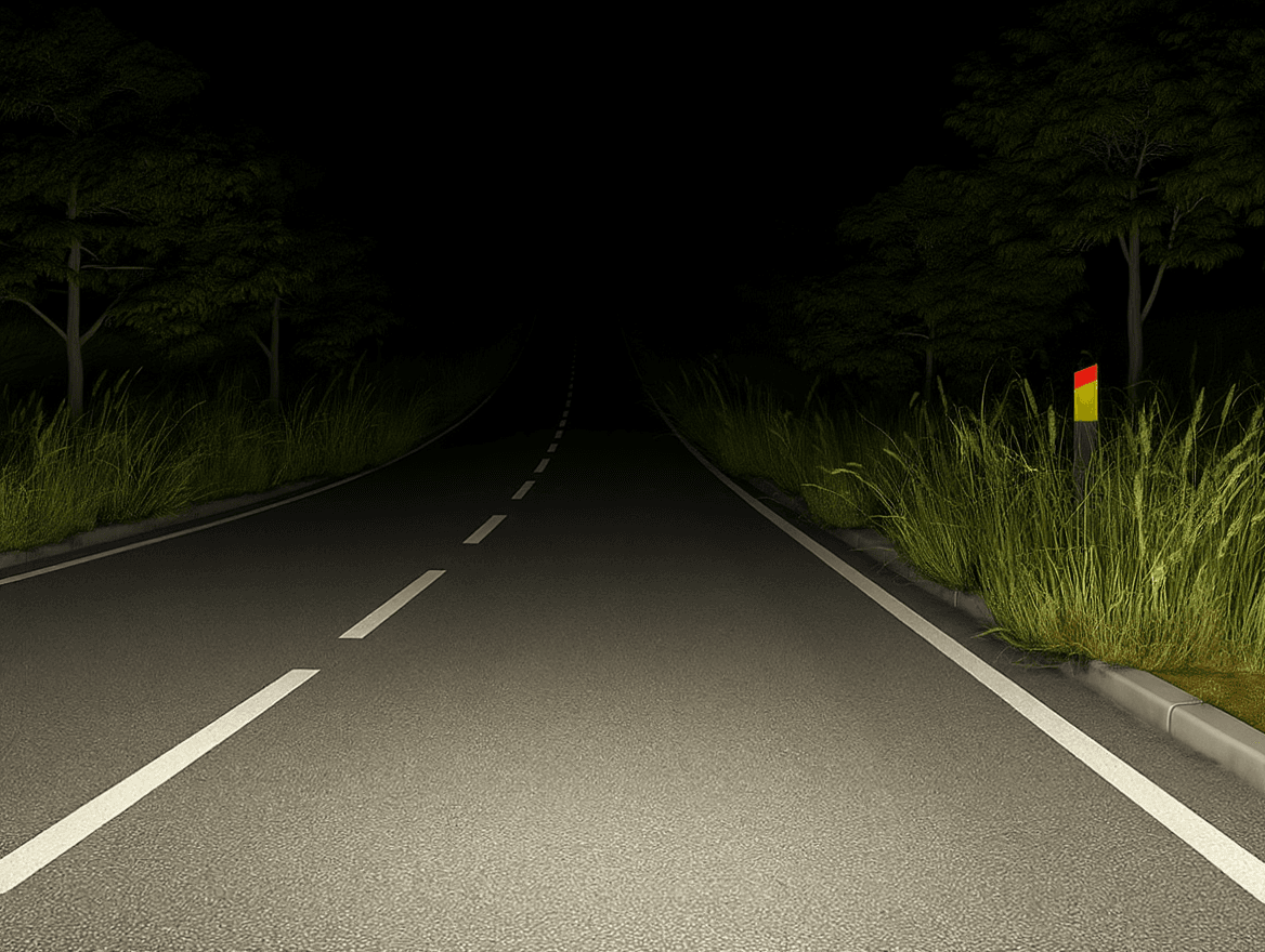 Trafiksituation: Du kører ca. 60 km/t uden for tættere bebygget område med nærlyset tændt. Hvord…