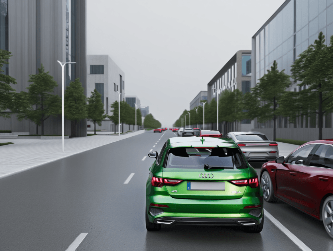 Trafiksituation: Du er stået ud af den grønne bil, som holder ved siden af et andet køretøj (i a…
