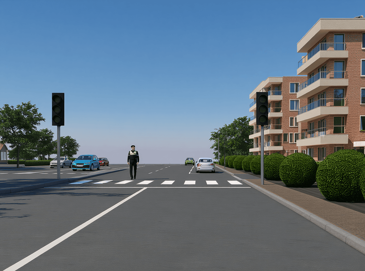 Trafiksituation: Du kører ca. 40 km/t og vil fortsætte ligeud i krydset. Hvordan vil du fortsætt…