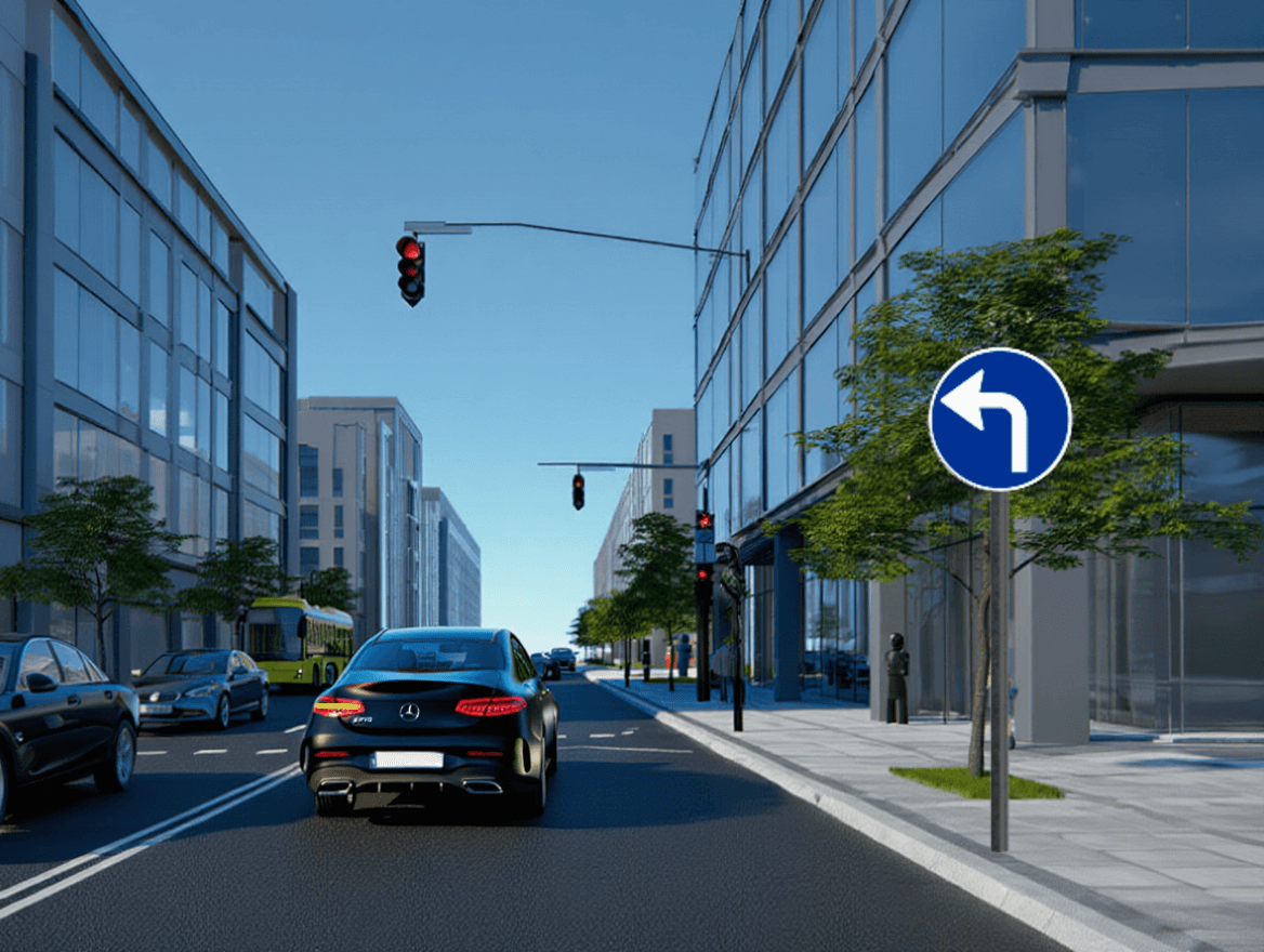 Trafiksituation: mini 1,8 Du vil gerne fortsætte ligeud. Den sorte bil holder stille. Der er ing…