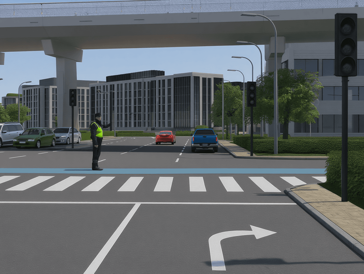 Trafiksituation: Du kører meget langsomt og vil svinge til højre i et kryds, hvor lyssignalet ik…