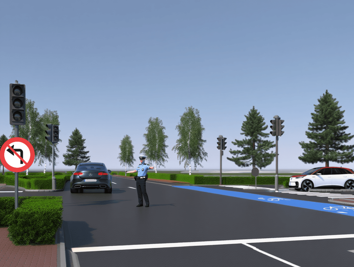 Trafiksituation: Du kører meget langsomt og vil gerne fortsætte ligeud i dette kryds. Lyssignale…