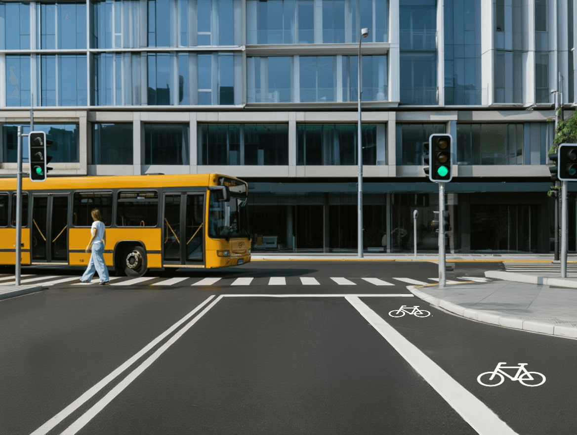 Trafiksituation: Du kører ca. 30 km/t og vil svinge til højre i krydset. Bussen kører langsomt f…