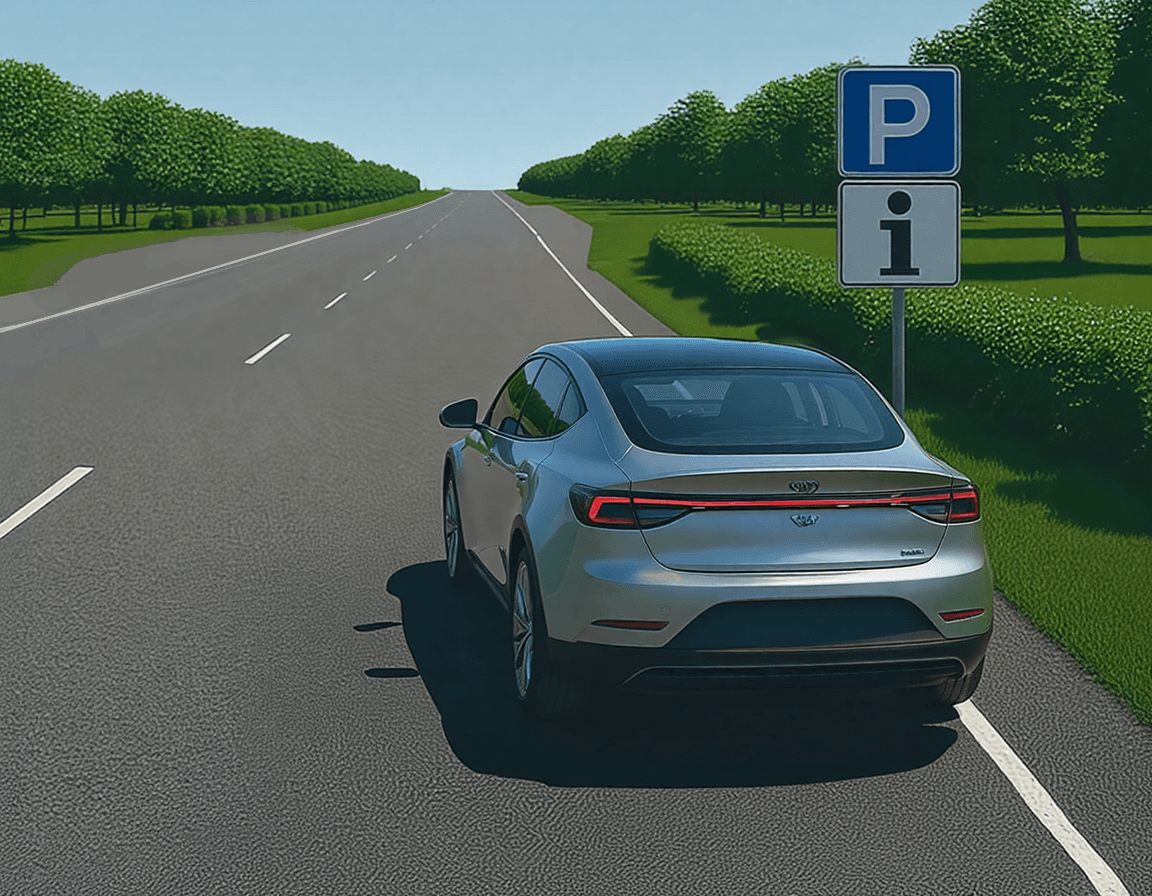 Trafiksituation: Du vil gerne parkere den sølvfarvede bil på en hovedvej uden for tættere bebygg…